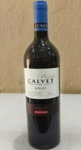 Bottle of Calvet Varietals Merlot red wine with a distinctive red and black label.