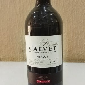 Bottle of Calvet Varietals Merlot red wine with a distinctive red and black label.